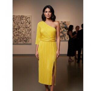 Ronny Kobo Sz XS Yellow Pleated One Shoulder Midi Dress